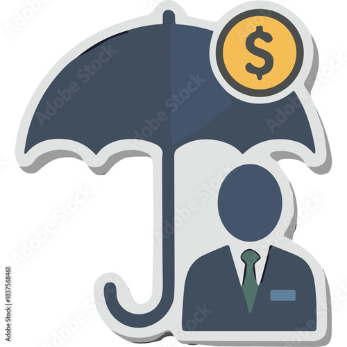 Illustration of a businessman under a blue umbrella protected by a golden dollar coin symbolizing financial security and investment safety in a flat design style