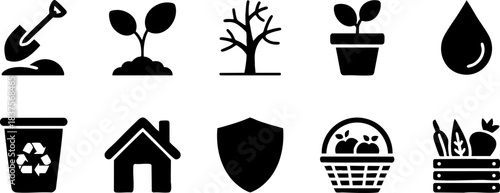 Eco gardening icons set – black vector symbols of plant growth, tree, recycle bin, water drop, home, organic basket, sustainability, environment care design