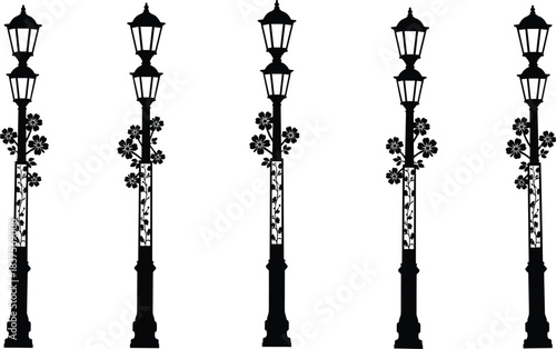 Multiple Black Street Lamp Silhouettes Forming a Symmetrical V-shaped Arch or Tunnel Perspective Vector Illustration Urban Lighting Arrangement Path Decoration Design.