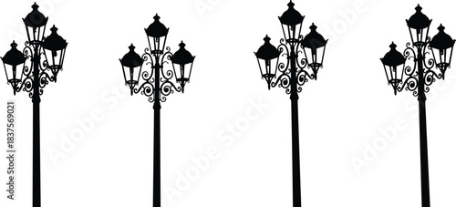 Set of Ornate Vintage Street Lamp Silhouettes Featuring Three Lanterns and Decorative Scrolls Vector Illustration Elegant Antique Lighting Fixture Design.