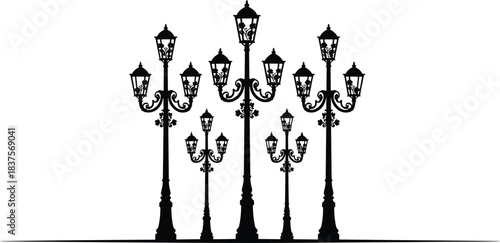 Symmetrical Array of Ornate Vintage Street Lamp Silhouettes Decorative Historical Urban Lighting Fixture Set Vector Illustration Elegant Architectural Design Element.