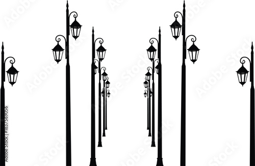 Symmetrical V-Shaped Array of Traditional Street Lamp Silhouettes Creating a Tunnel Perspective Vector Illustration Classic Outdoor Lighting Arrangement Architectural Element.