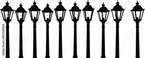 Simple Black Silhouette of Modern Minimalist Street Lamps Arranged in Deep Perspective Vector Illustration Urban Pathway Lighting Decorative Architectural Element Design.