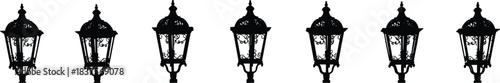 Row of Decorative Spherical Lamppost Silhouettes with Ornate Cutout Patterns Vector Illustration Elegant Urban Lighting Fixture Set Architectural Design Element.
