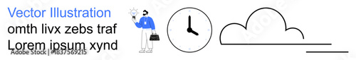Creativity, time management, cloud computing, idea generation, innovation, digital tools. A businessman holds a lit bulb, a clock shows time and a cloud icon appears. Creativity and time management