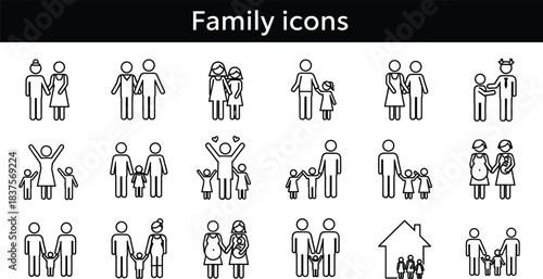 Family icons collection, diverse family relationships, parents children, love bonding, household togetherness, line art vector illustration, flat design CAD drawing, people group icon set