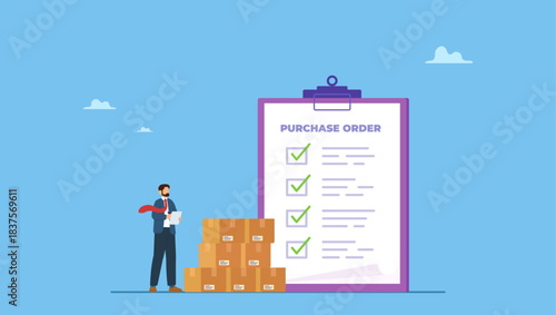 Businessman procurement checking purchase order. Purchase order shopping retails, procurement checklist or online store delivery, consumer product and service, marketing sale or payment.