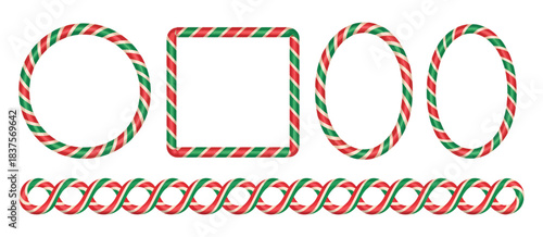 Candy Cane Border Set, a festive vector collection featuring square, circle, and oval Christmas frames with striped lollipop pattern brushes for cheerful holiday design