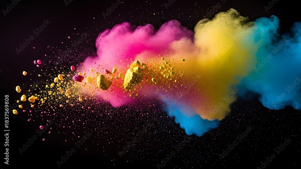 Naklejka premium Colorful powder explosion on black background, vibrant Holi festival concept.