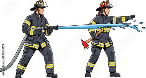 Brave firefighters in action, extinguishing fire with water hose, teamwork emergency response, fire safety protection, rescue operation, uniformed fire department heroes