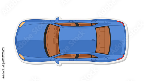Top Down View of a Blue Sedan Car with Brown Interior and Black Tinted Windows on a Transparent Background