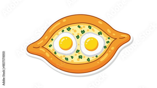 Stylized Pixel Art of a Khachapuri Adjaruli Cheese Bread with Two Fried Eggs and Chopped Parsley on a Black Background