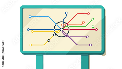 Stylized Public Transportation Map With Colorful Lines Connecting Stations Against A Light Cream Background With A Teal Border And Support Stands