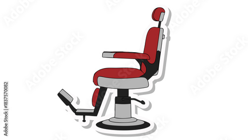 Stylized Red Barber Chair with Adjustable Footrest on a Black Background with White Border and Shadow