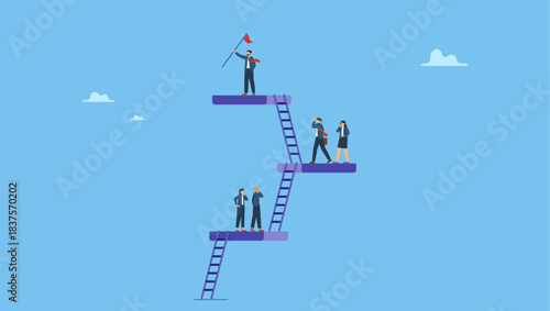 Business people climbing ladder to reach top career success. Ladder of success, climbing corporate ladder to reach success, employee hierarchy progress, leadership achievement aspiration, motivation.