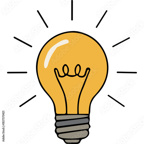 Illustration of a glowing incandescent light bulb with a filament on a black background representing an idea or inspiration concept