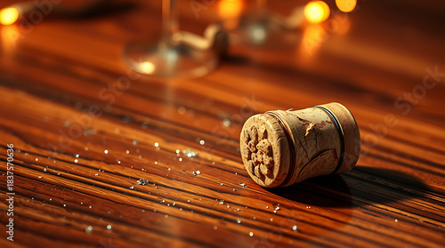 Champagne Cork with Sparkles on Minimal Warm New Year Table