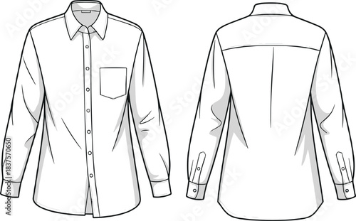 Button-up shirt fashion template with collar, chest pocket, cuff buttons, pleated back and curved hem, CAD sketch front back views