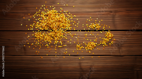 Golden Confetti on Rustic Wooden Table Minimal New Year Scene