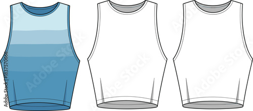 CAD drawing flat vector illustration of sleeveless crop top fashion design, gradient blue stripes, plain white variants, front view garment template