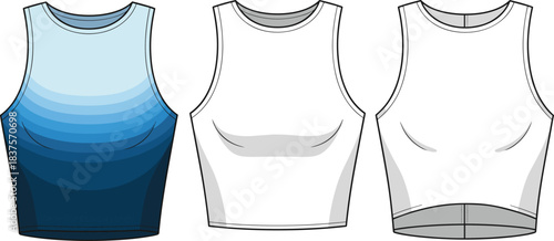 CAD drawing flat vector illustration of sleeveless crop top fashion design, gradient blue version, white variants, front and back view template