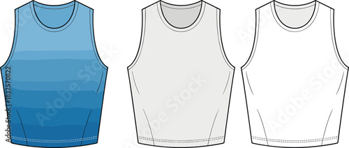 CAD drawing flat vector illustration of sleeveless shirt fashion design, blue gradient stripes, gray and white variants, front and back views