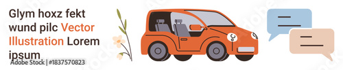 Transportation, travel, communication, automotive design, eco-friendly concepts, conversations. Compact car alongside speech bubbles and floral detail. Transportation and communication in design