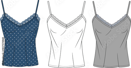 Cad drawing flat vector illustration of three camisole tops template with lace trim, spaghetti straps, blue polka dot, white, gray view