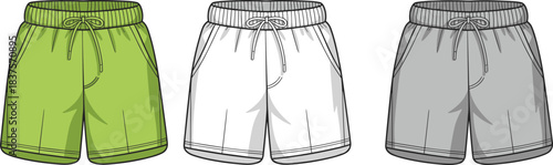 Cad drawing flat vector illustration of three casual shorts template with drawstring waist, pockets, green white gray, front view