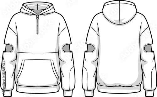 Cad drawing flat vector illustration of utility hoodie template with half-zip front, drawstring hood, elbow patches, front back view