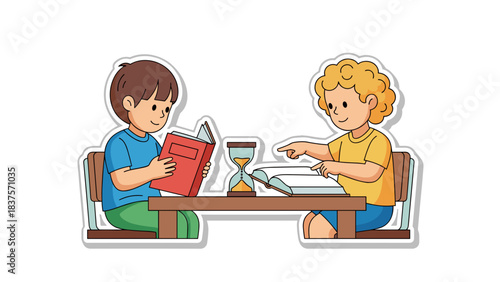 Two young boys studying together at a wooden table with an hourglass in a bright well lit setting
