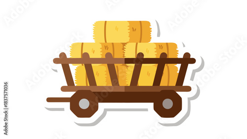 Vector Flat Illustration Of A Wooden Hay Cart Stacked With Golden Hay Bales Isolated On A White Background Rustic Farm Transportation Harvest Season Agricultural Theme