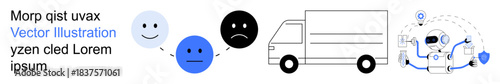 Logistics, delivery services, customer emotions, transportation, route planning, online tracking. Circular icons with emotive faces, a delivery truck and a navigation map. Logistics and delivery