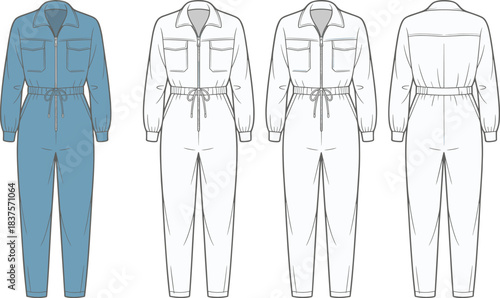 Cad drawing flat vector illustration of utility jumpsuit template with long sleeves, zipper front, pockets, front and back view