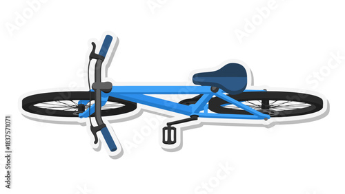 Top View of a Blue BMX Bicycle with Black Wheels and Blue Seat Isolated on a White Background with a Subtle Shadow Effect