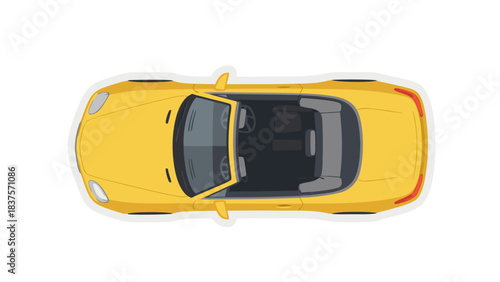 Top view of a yellow convertible sports car with black interior parked on a dark background with white outline vibrant pixel art.