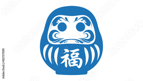 Traditional Japanese Daruma doll in vibrant blue with kanji characters signifying good fortune against a stark black background creating a bold graphic representation of luck and perseverance