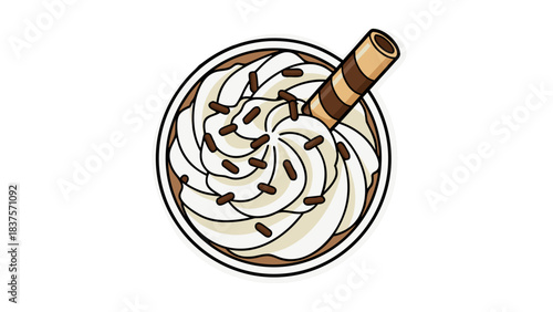 Top View of Pixel Art Hot Chocolate Topped with Whipped Cream Chocolate Shavings and Wafer Stick on Black Background