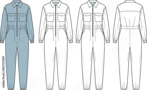 Cad drawing flat vector illustration of utility jumpsuit templates with pockets, drawstring waist, blue outline view, front back design