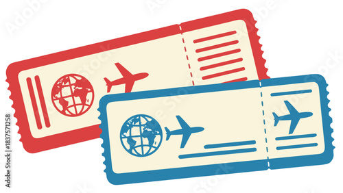 Two stylized airplane tickets one red one blue with globe and airplane icons representing travel and transportation against a cream background with rough edges and dark outline in a flat design style