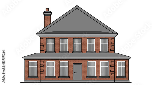 Two-Story Red Brick House With Gray Roof And Chimney Featuring Multiple Windows And A Central Door Under A Gray Sky