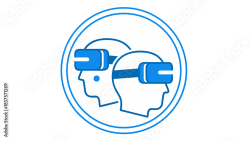 Two Stylized Heads Wearing Blue Virtual Reality Headsets Inside a Circle With White Background Vector Illustration