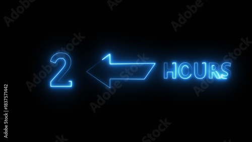 2 Hours number illustration. Counting neon number text.  Neon timer number. Neon number on black background.
