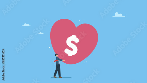 Businessman carrying heart shape with dollar sign as non profit charity. Nonprofit charity donation, help or support or community assistance, giving or volunteer, care or sharing friendship.