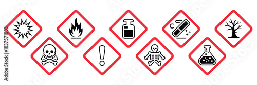 Danger Warning Symbols Collection, a professional assortment of GHS hazard diamonds with clean red and white warning graphics ideal for chemical labeling, industrial safety guidelines, and alert signa
