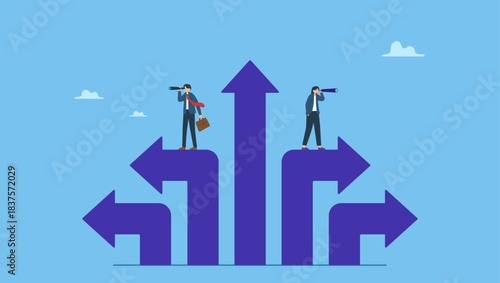 Business people look through telescope and spyglass. Vision to see success direction in uncertainty, change or leadership to make decision, planning or discovery challenge, search for opportunity.