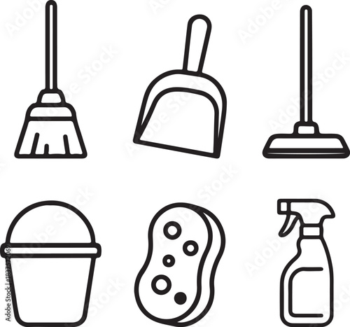 Cleaning tools outline icons set. household sanitation equipment