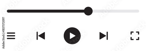 Music or video play bar icon on white background. Audio player for songs or podcast playlist. Loading bar with time slider, pause, rewind and fast forward buttons. eps 10