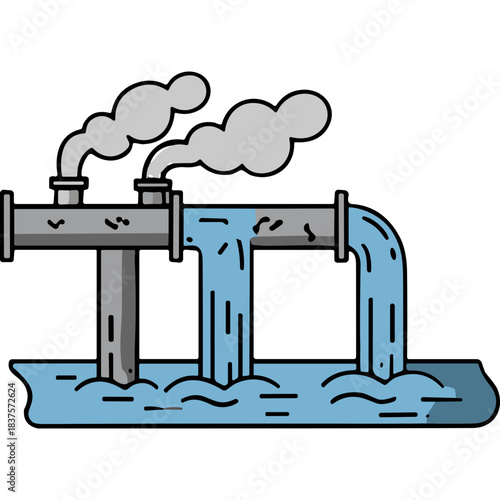 Industrial Water Discharge Concept With Smoke And Water Flowing Through Pipes Into A Body Of Water Representing Pollution Or Effluent Release
