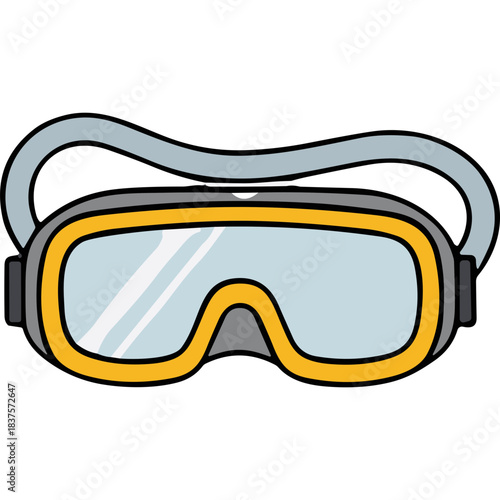 Illustration of a yellow and gray diving mask with a light blue strap and clear lenses on a black background symbolizing underwater exploration and aquatic activities